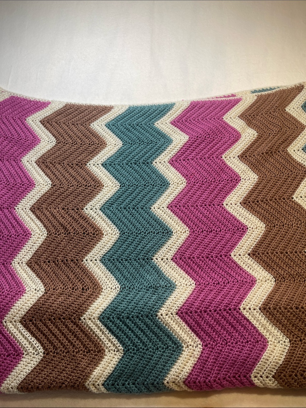 Chevron Knit Throw Blanket in Pink, Teal, Brown & Cream HAND CRAFTED